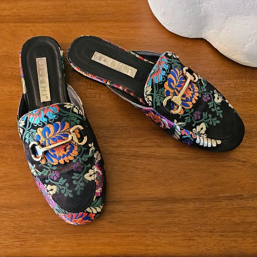Embroidered Black Floral Flat Mules